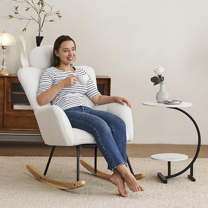 FOXHUNTER Rocking Chair Nursery with Thick Headrest, Upholstered Reading Glider Rocker Accent Armchair with High Backrest Rocker Recliner Chair for Adult Living Room Bedroom, Teddy Ivory