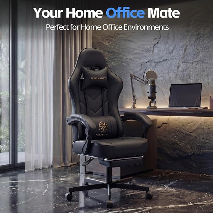 Desk Computer Gaming Chair - High Back Ergonomic Office Chair with Footrest and Lumbar Support, Swivel Comfy Home Gamer Video Game Chairs with Pocket Spring Cushion for Adults (Black Leather)