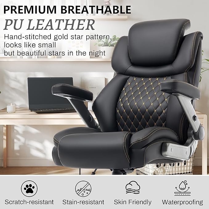 Big and Tall Office Chair 750lbs, Executive Office Chair with Adjustable Headrest&Lumbar Airbag Support, PU Leather High Back Heavy Duty Desk Chair 5D Flip Arms, Ergonomic Thick Spring Cushion, Black