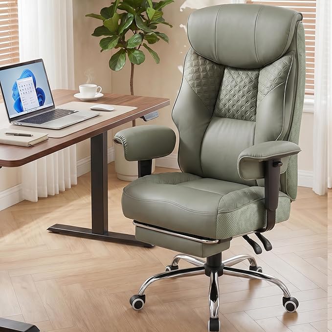 GTPLAYER Big and Tall Office Chair, High Back Computer Gaming Chair with Ergonomic Lumbar Support &Pocket Spring Cushion for Lower Back Pain Relief, Leather Executive Chair with Foot Rest, Green