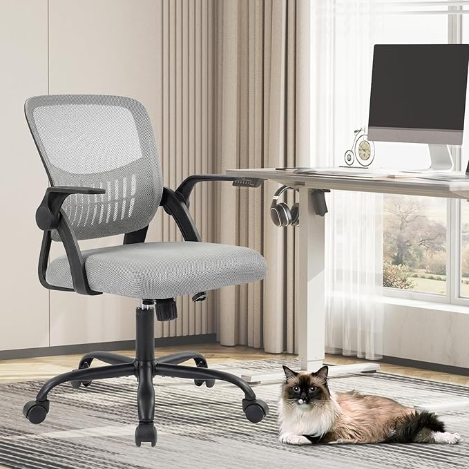 Sweetcrispy Home Office Managerial Executive Chair, Flip Up Armrest Ergonomic Mesh Adjustable Swivel Mid-Back Computer Desk Chair with Comfortable Lumbar Support, Comfy Arms for Bedroom,Study