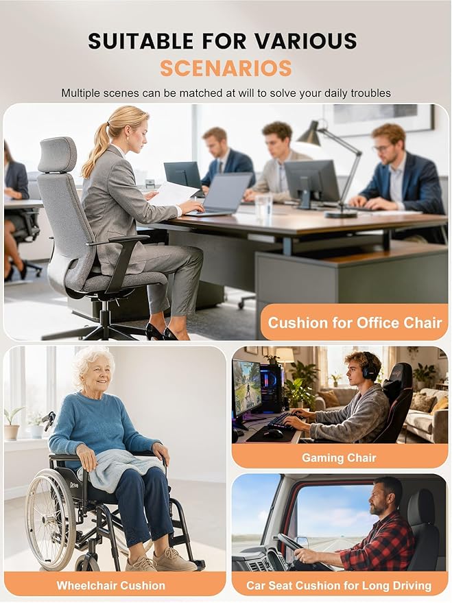 Office Chair Seat Cushion for Long Sitting Workers - L-Shaped Ergonomic Memory Foam with Tailbone Support & Adjustable Strap