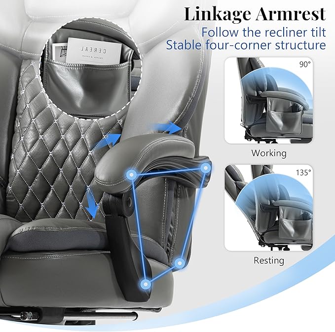3D Kneading Massage Office Chair, Oversized 600LBS Big and Tall Executive Office Chair with Footrest, Reclining Computer Chairs, Wider Upholstered Seat Ergonomic Desk Chair for Home Office,Grey