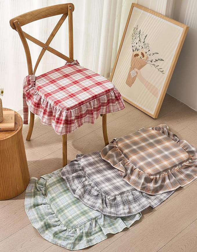 vctops Plaid Cotton Chair Cushion for Kitchen Dining Room Chairs Farmhouse Scottish Tartan Thin Seat Cushion Soft Foam Non Slip Chair Pad with Removable Cover (Grey Orange,16"x16")