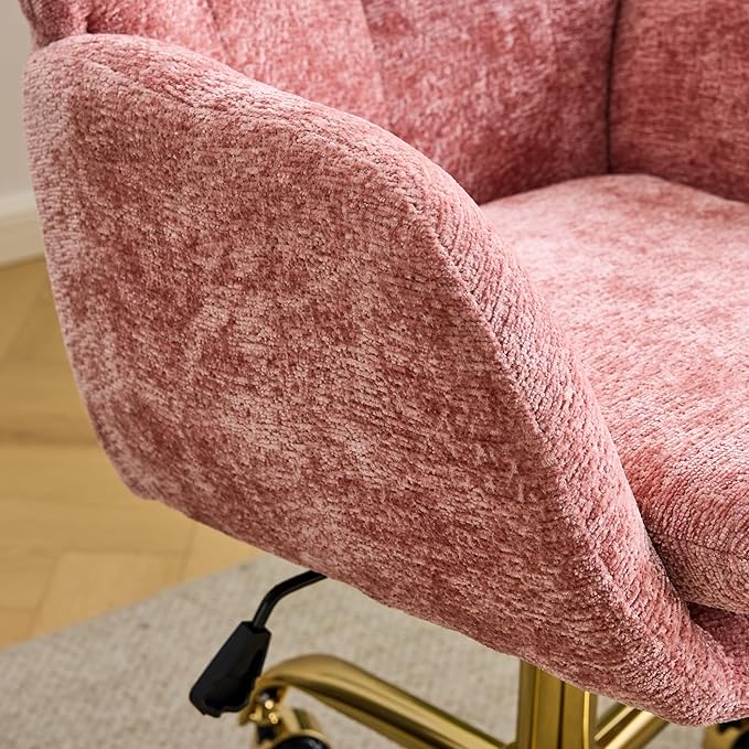 VINGLI Comfy Fuzzy Vanity Chair, Swivel Makeup Chair with Wheels, Upholstered Height Adjustable Armchair with Gold Base, Modern Ergonomic Desk Chair for Bedroom, Home Office, Pink