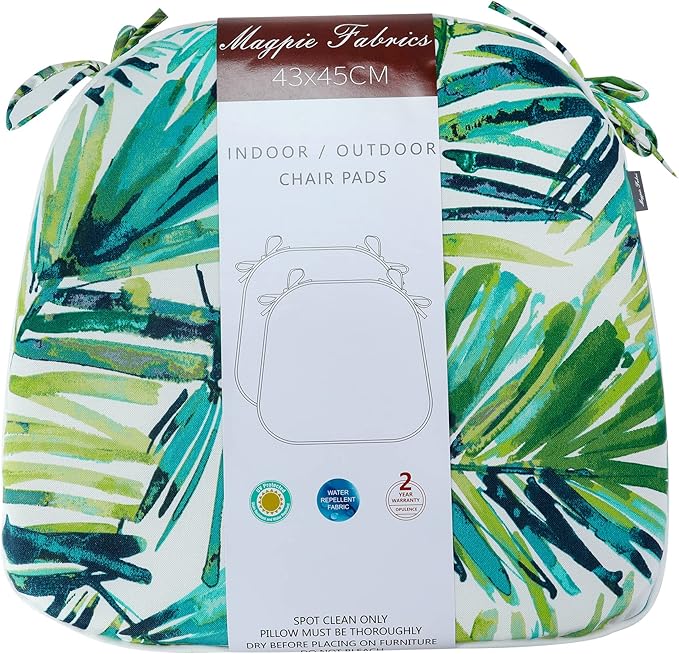 Magpie Fabrics 17"x16"x2" U-Shape Chair Cushions with Ties 2 Count, Outdoor Indoor Waterproof All Weather Seat Pads Decoration for Patio Garden Dining Office - Green Palm Leaves