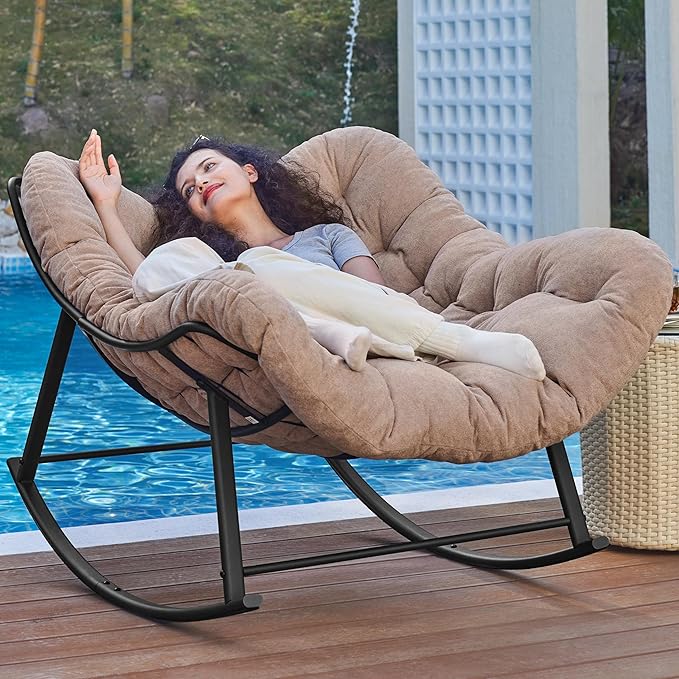 Oversized Rocking Chair Indoor, Papasan Rocking Chair Outdoor, Lounge Chair with Cushion, Patio Egg Rocker Chairs, Comfy Reading Chairs for Bedroom, Living Room, Garden, Lawn, Khaki