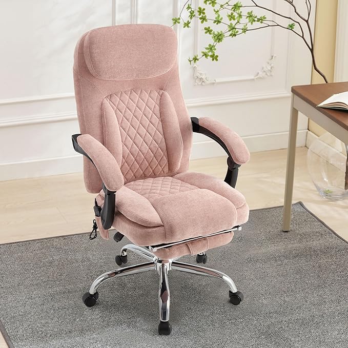 6-Point Massage Office Chair with Heated, Ergonomic Office Chair with Footrest & 45ยฐReclining High Back, Big and Tall Executive Office Chair 500LBS, Thick Cushion Desk Chair for Home Office, Pink