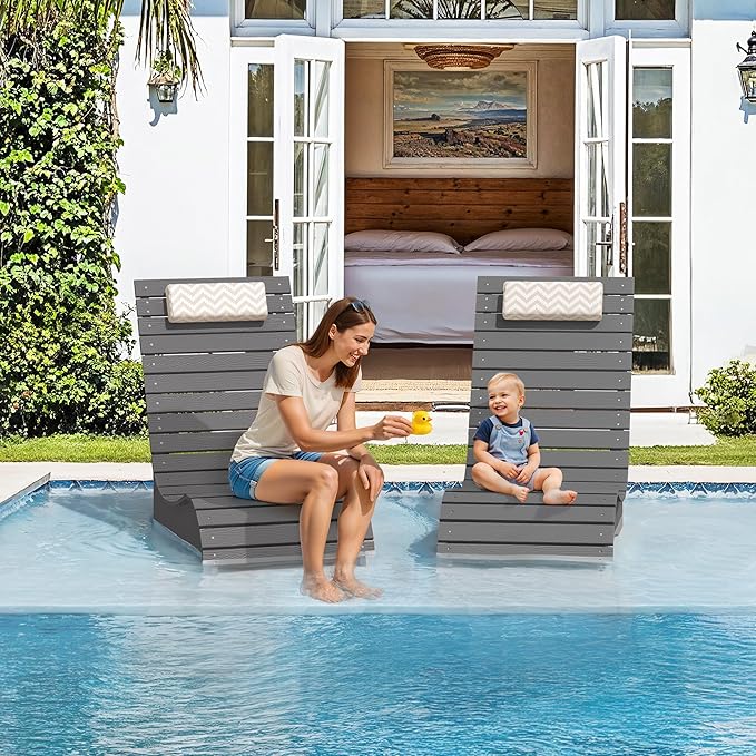 Pool Lounge Chairs Set of 2, Use in Pools Lounge Chairs up to 10-Inches of Water, Chaise Chairs with Headrest, Lounge Chair Outdoor, Fade-Resistant Pool Lounger for Deck