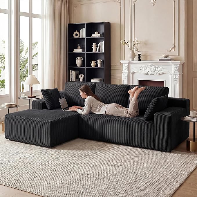GRUSIGN Cloud Sectional Boneless Couches for Living Room, Modular L Shaped Couch with Deep Seat Oversized Left Facing Chaise, Memory Foam Compressed Spineless 3 Seater Sofa for Apartment, Black | No Assembly Required, Deep Seat, Cat-Claw Resistant, Hig...