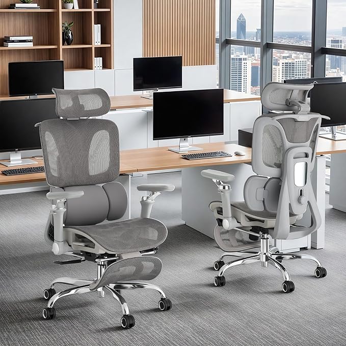 Ergonomic Office Chair with 3-Zone Dynamic Lumbar Support, Big and Tall Mesh Office Chair with Footrest, Adjustable Seat Depth,4D Headrest,6D Armrests, Swivel Executive Chair for Home Office,Grey