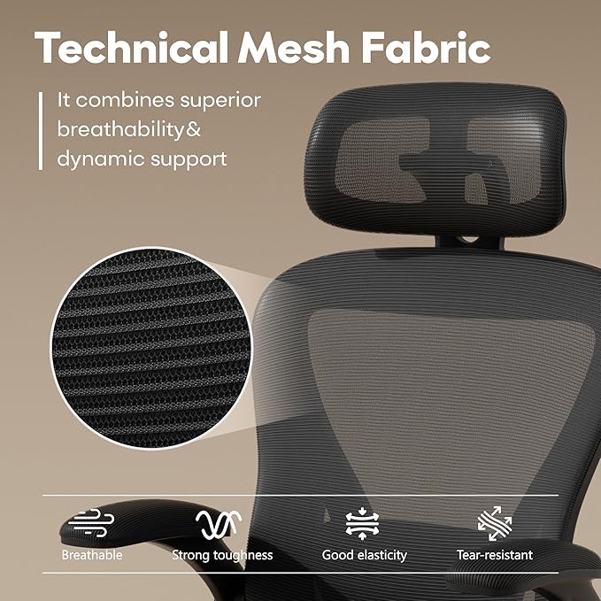 SeekFancy Ergonomic Office Chair M903, Computer Desk Chair with Wheels, High Back Mesh Office Chair with Adjustable Lumbar Support, Headrest, Flip-Up Armrest, Black