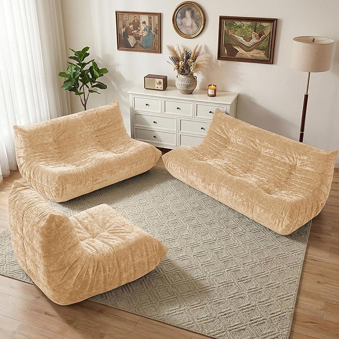 HABUTWAY Bean Bag Chair, Giant Bean Bag Chairs for Adults, Loveseat Fireside Chair, 2 Seater Lazy Bean Bag Sofa Memory Foam Couch for Living Room, Bedroom, Office (Khaki)