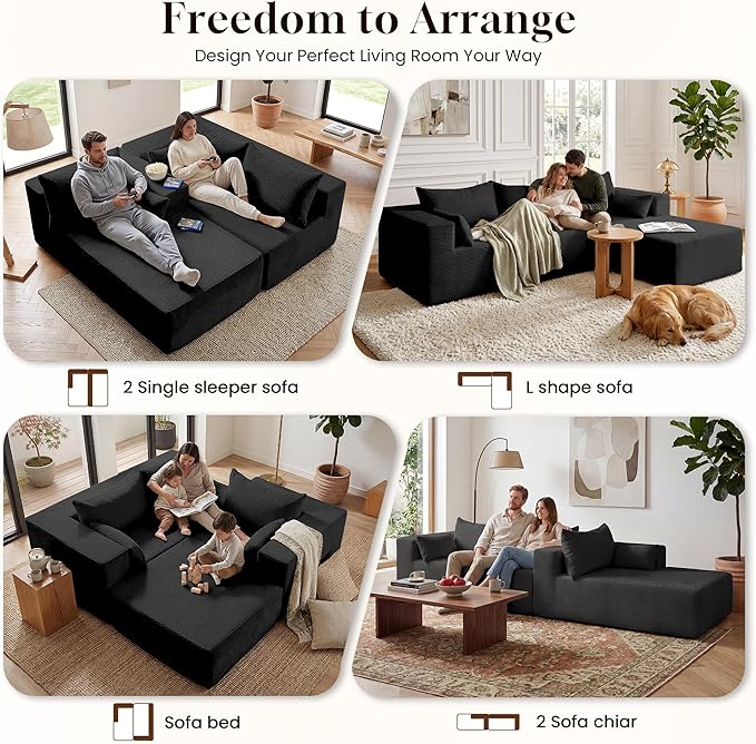 GRUSIGN 106" Oversized Sectional Boneless Sleeper Sofa Bed Couches for Living Room, Modular L Shaped Couch with Left Facing Chaise & Big Ottoman, Compressed Spineless Corduroy Cloud Sofas, Black | Deep Seat, Cat-Claw Resistant, High-Resilience Foam, Fl...