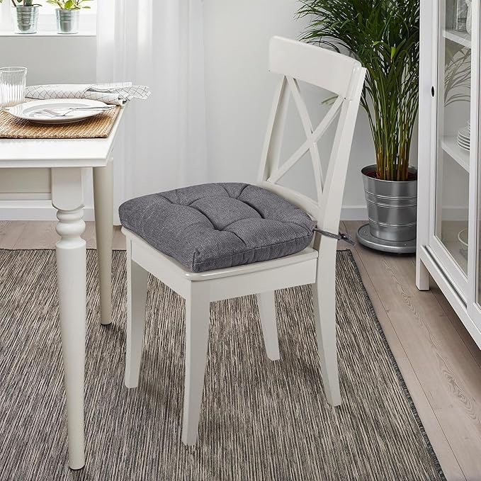 SQUARE MOON D-Shaped 3" Thick Chair Cushions, Chair Pads for Dining Chairs and Kitchen Chairs, Indoor Dining Room Seat Cushions with Ties, Machine Washable, 17" x 16" x 3", 4/Pack, Grey