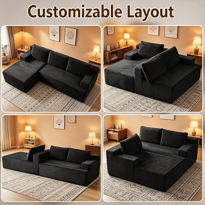 94" Black Boneless Couch with Left Facing Chaise for Living Room,Corduroy L-Shaped Sectional Couches,Compressed Memory Foam Cloud Sofa,No Assembly Required,Black