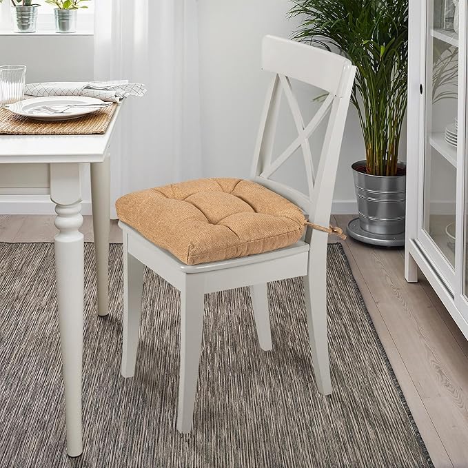 SQUARE MOON D-Shaped 3" Thick Chair Cushions, Chair Pads for Dining Chairs and Kitchen Chairs, Indoor Dining Room Seat Cushions with Ties, Machine Washable, 17" x 16" x 3", 4/Pack, Coffee