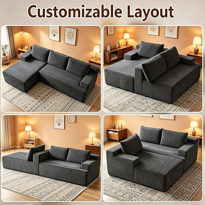 94" Darkgrey Boneless Couch with Left Facing Chaise for Living Room,Corduroy L-Shaped Sectional Couches,Compressed Memory Foam Cloud Sofa,No Assembly Required,Darkgrey