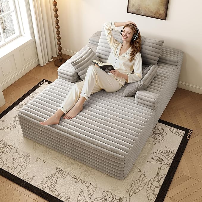 62.6" Oversized Chaise Lounge Chair for Bedroom Living Room, Boneless Sofa Couch Sleeper Bed, Memory Foam Cloud Couches with Throw Pillows, No Assembly, Plush Corduroy, Grey
