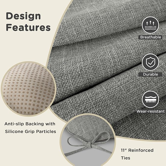 AddGrace Chair Cushions for Dining Chairs Set of 1 Kitchen Seat Cushions with Ties and Non Slip Backing Tufted Indoor Seat Pad for Kitchen Dining Room 18" x 17" x 3" Light Grey