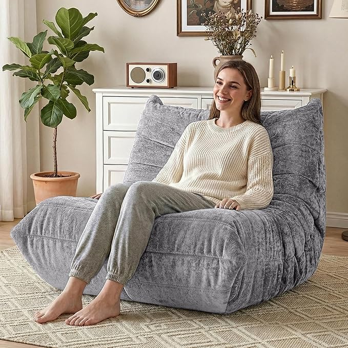 HABUTWAY Bean Bag Chair, Giant Bean Bag Chairs for Adults, Bean Bag Sofa with Filler Faux Fur, Memory Foam Bean Bag Couches Fireside Lazy Sofa for Living Room, Bedroom, Office (Light Grey)