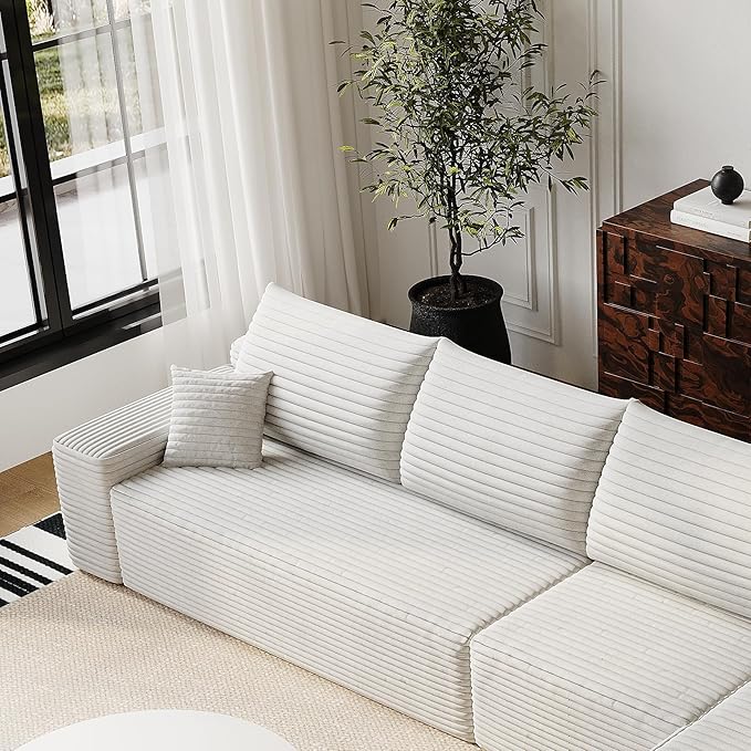 135" Corduroy Couch Sectional with Chaise, L Shape Boneless Cloud Couches for Living Room Bedroom, Fluffy Deep Seat Compression Sofa, Modular Corner Couch No Assembly, Right Facing Chaise, White
