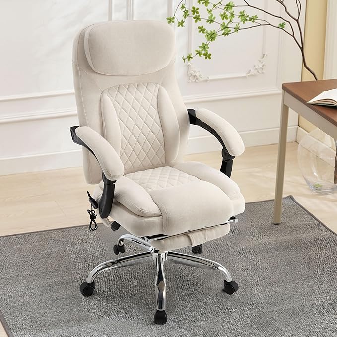 6-Point Massage Office Chair with Heated, Ergonomic Office Chair with Footrest & 45ยฐReclining High Back, Big and Tall Executive Office Chair 500LBS, Thick Cushion Desk Chair for Home Office, Beige