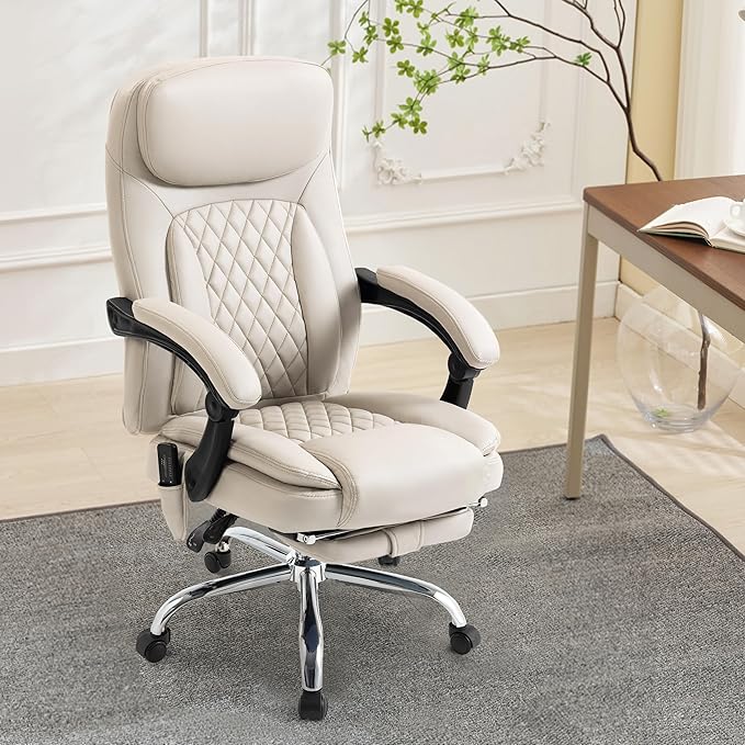 500LBS Massage Office Chair, 6 Points Vibration & Heat Executive Office Chairs, 135ยฐReclining Comfy Desk Chair with Foot Rest, Wider & Thicker Seat Cushion, PU Leather Big and Tall Gaming Chair, Beige