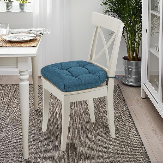 SQUARE MOON Chair Cushions for Dining Chairs, 3 Inch Thick Comfortable Kitchen Chair Pads, Dining Room Seat Cushions with Ties, Machine Washable, 17" x 16" x 3", 4/Pack, Blue