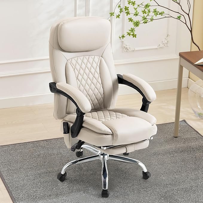 6-Point Massage Office Chair with Heated, Ergonomic Office Chair with Footrest & 45ยฐReclining High Back, Big and Tall Executive Office Chair 500LBS, Thick Cushion Desk Chair for Home Office, Beige(PU)