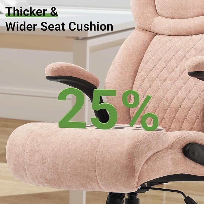 Office Chair, Big and Tall Executive Chairs with Lumbar Support for Back Pain, Breathable Fabric Desk Computer Chair with Adjustable Flip-up Armrests,Wide Cushion Swivel Home Office Chair Black,Pink