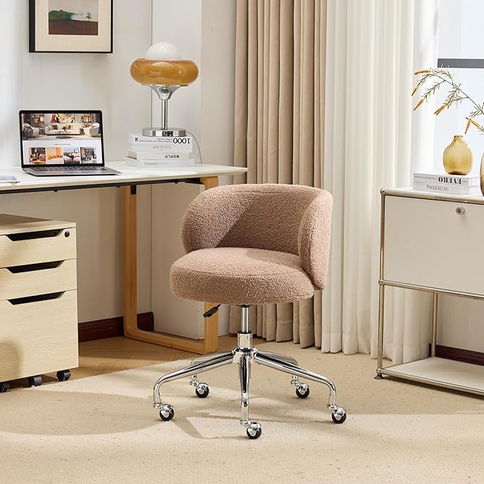 VINGLI Cute Small Swivel Desk Chair Comfy with Wheels,Ergonomic Low-Back Lumbar Support Vanity Nail Tech Rolling Task Stool Chair for Home Office,Height Adjustable,Teddy Fleece,Brown