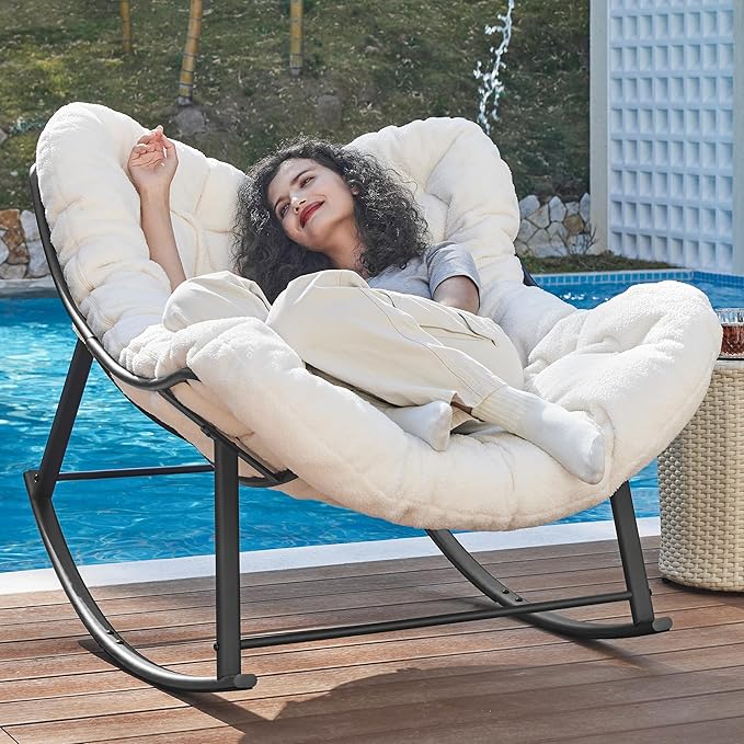 Oversized Rocking Chair Indoor, Papasan Rocking Chair Outdoor, Lounge Chair with Cushion, Patio Egg Rocker Chairs, Comfy Reading Chairs for Bedroom, Living Room, Garden, Lawn, White