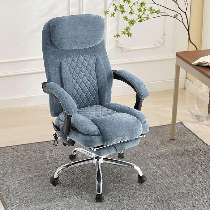 6-Point Massage Office Chair with Heated, Ergonomic Office Chair with Footrest & 45ยฐReclining High Back, Big and Tall Executive Office Chair 500LBS, Thick Cushion Desk Chair for Home Office, Blue