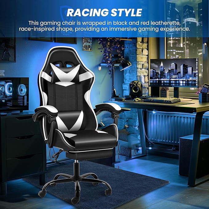 Gaming Chair, Ergonomic Computer Chair with Footrest and Lumbar Support, Height Adjustable Office Chair with 360° Swivel Seat and Headrest