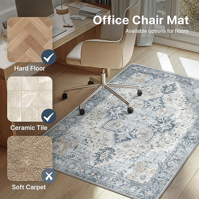 60"x60" Office Chair Mat for Hardwood Tile Floor, Under Desk Carpet Protector for Rolling Computer Chair Mat, Machine Washable Round Area Rug, Anti-Slip 1/5" Thick Low Pile Thin Floor Mat, Blue