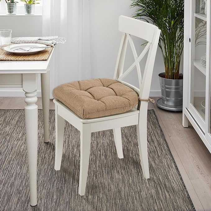 SQUARE MOON Chair Cushions for Dining Chairs, 3 Inch Thick Comfortable Kitchen Chair Pads, Dining Room Seat Cushions with Ties, Machine Washable, 17" x 16" x 3", 4/Pack, Light Coffee
