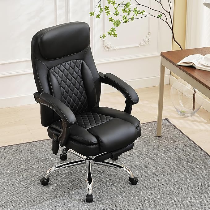 6-Point Massage Office Chair with Heated, Ergonomic Office Chair with Footrest & 45ยฐReclining High Back, Big and Tall Executive Office Chair 500LBS, Thick Cushion Desk Chair for Home Office, Black(PU)