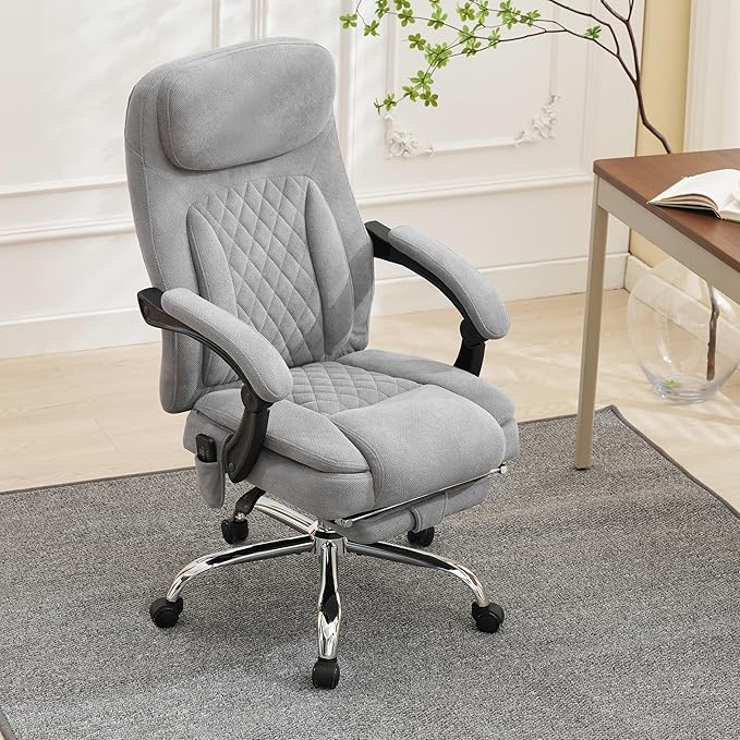 500LBS Massage Office Chair, 6 Points Vibration & Heat Executive Office Chairs, 135ยฐReclining Comfy Desk Chair with Foot Rest, Wider & Thicker Seat Cushion, Fabric Big and Tall Gaming Chair, Grey