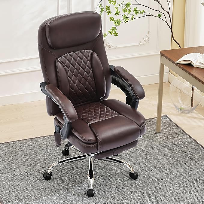 6-Point Massage Office Chair with Heated, Ergonomic Office Chair with Footrest & 45ยฐReclining High Back, Big and Tall Executive Office Chair 500LBS, Thick Cushion Desk Chair for Home Office, Brown(PU)
