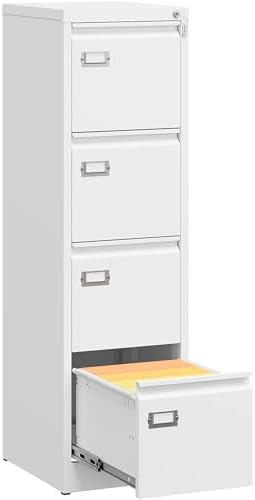 SISESOL 4 Drawer File Cabinet with Lock and Tag,White Vertical File Cabinet,Narrow Locking Filing Cabinets with Drawers,Metal Filing Storage for Home Office Fit A4 Legal/Letter Size