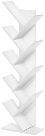 Furinno TREE Book Shelf, 9-Tier Bookshelf, Tree Bookcase with Angled Open Shelf, 8.4 x 15.7 x 50.9, for Room Decor, for Living Room, Bedroom, Home Office, White
