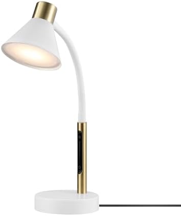 Globe Electric 15" LED Integrated Matte White Desk Lamp with Matte Brass Accent and Adjustable Silicone Gooseneck