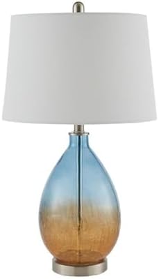 Pemberly Row Set of 2 Contemporary Table Lamps, 26 in Tall, Glass and Fabric, Blue with White Drum Shades, Metal Accents, Ideal for Living Room or Bedroom Lighting