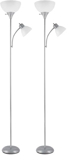 GLOBE Electric 67134 72" Torchiere Floor Lamp and Adjustable Reading Light, Silver, Frosted Shade, Dual Rotary Switch, 3-Step Dimming, Modern Lighting for Living Room or Office, Timeless (Pack of 2)