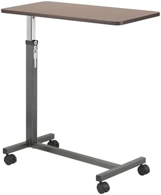 Drive Medical Overbed Table with Wheels, Woodgrain Top, Silver Vein
