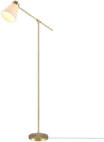 Globe Electric 69" Floor Lamp, Swing Arm, Matte Brass Plated, White Tapered Fabric Shade, On/Off Rotary Switch on Socket, 5-Foot Clear Cord, 1-Light, 40W E26/Medium Base Bulb