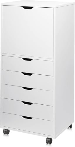 DEVAISE 5 Drawer Cabinet with 1 Door, Mobile Office File Cabinet, White