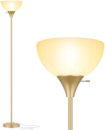 Coucrek Floor Lamp, LED Standing Lamps with White Plastic Shade, Corner Floor Lights for Living Room Bedroom, Rotary Switch, Bulb not Included, Gold