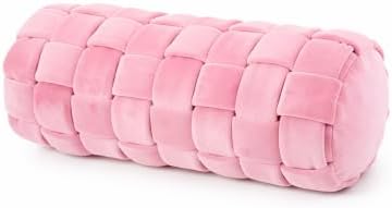 Soft Cylinder Lumbar Pillow, 15.7 x 5.9 Inch Hand-Woven Velvet Neck Roll Pillow, Polyester Fiber Filled for Neck Back Leg Relaxation, Decorative Throw for Couch Sofa Bed Office (Pink)